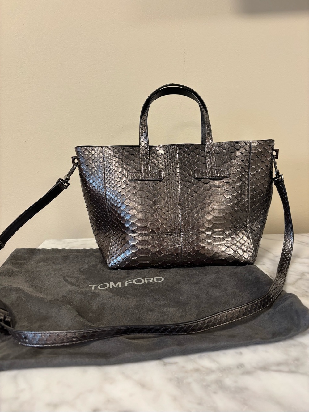 Tom Ford Metallic bronzy Charcoal python Leather Tote